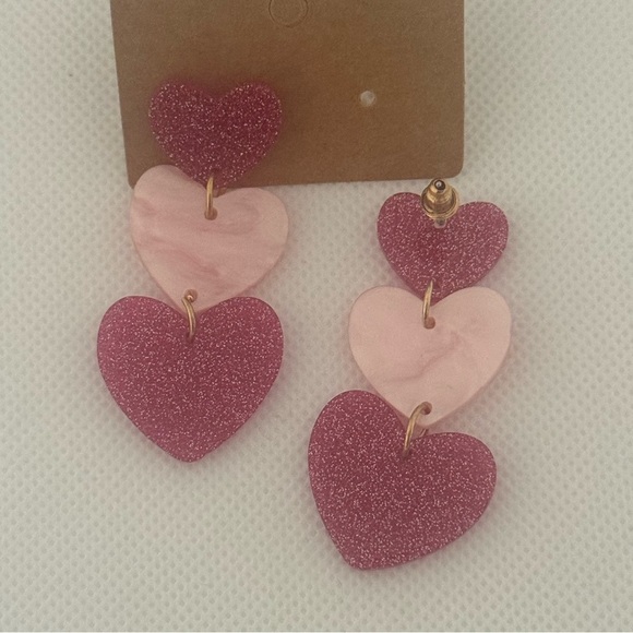 Pink & Purple Glitter Heart Dangle Earrings – Triple Drop Statement – NWT - Picture 3 of 4